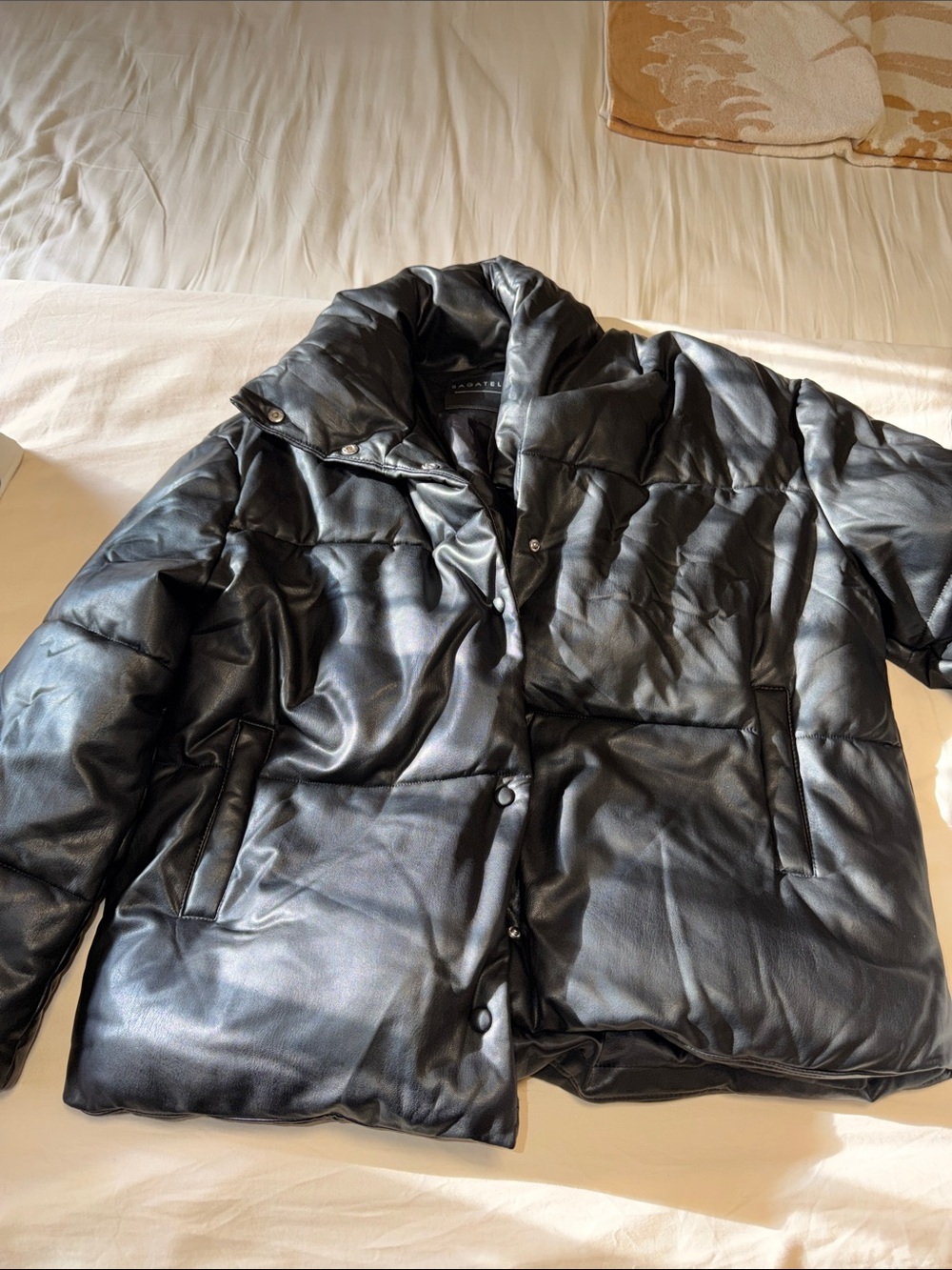 Black Faux Leather Puffer Jacket